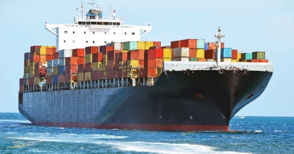 Container ship carrying freight at sea
